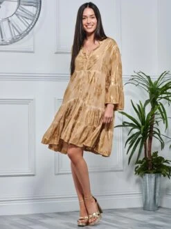 Printed Tiered Hem Holiday Midi Dress, Khaki Pattern -DORIA Clothing Shop LQ 0A016 KhakiPatern 4