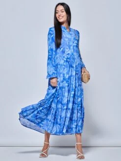 Long Sleeve Holiday Maxi Shirt Dress, Blue Abstract 11 Long Sleeve Holiday Maxi Shirt Dress, Blue Abstract -DORIA Clothing Shop LQ 0A017 BlueAbstract 1