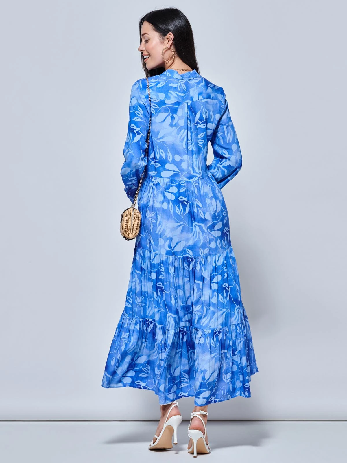 Long Sleeve Holiday Maxi Shirt Dress, Blue Abstract 2 Long Sleeve Holiday Maxi Shirt Dress, Blue Abstract - Image 2