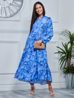 Long Sleeve Holiday Maxi Shirt Dress, Blue Abstract 9 Long Sleeve Holiday Maxi Shirt Dress, Blue Abstract -DORIA Clothing Shop LQ 0A017 BlueAbstract 4