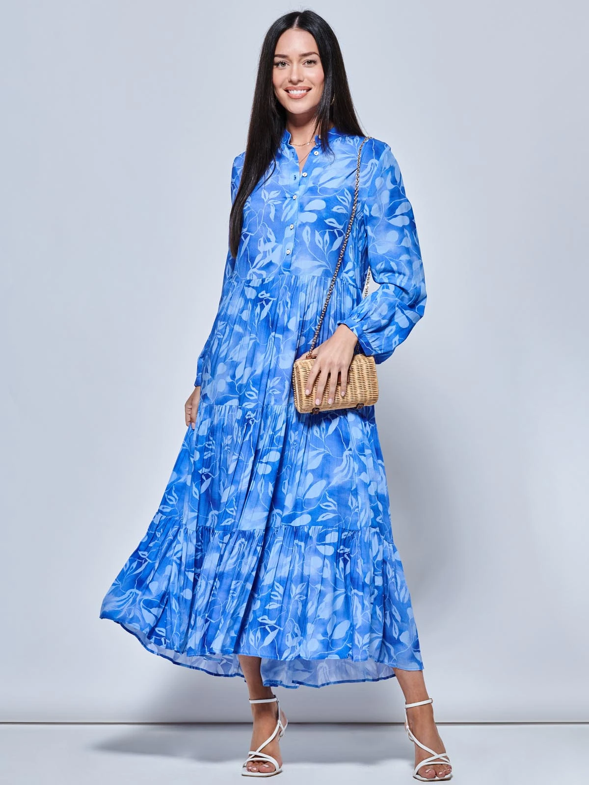 Long Sleeve Holiday Maxi Shirt Dress, Blue Abstract 1 Long Sleeve Holiday Maxi Shirt Dress, Blue Abstract