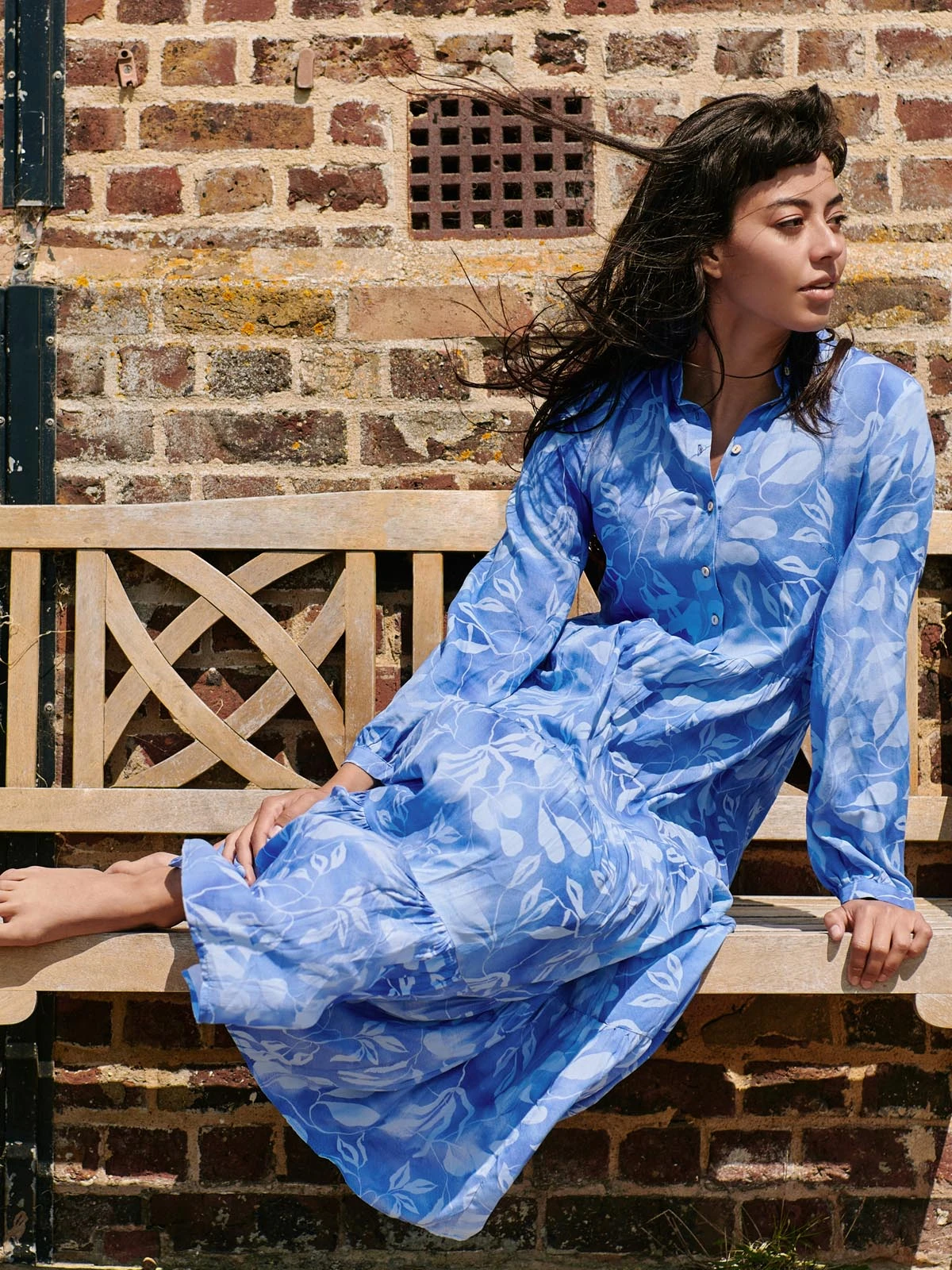 Long Sleeve Holiday Maxi Shirt Dress, Blue Abstract 5 Long Sleeve Holiday Maxi Shirt Dress, Blue Abstract - Image 5