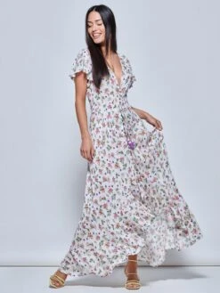 Angel Sleeved High Low Holiday Maxi Dress, Pink Floral -DORIA Clothing Shop LQ 0A018 PinkFloral 1