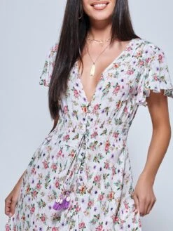 Angel Sleeved High Low Holiday Maxi Dress, Pink Floral -DORIA Clothing Shop LQ 0A018 PinkFloral 3