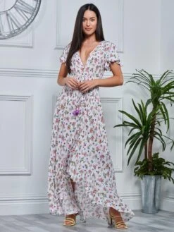 Angel Sleeved High Low Holiday Maxi Dress, Pink Floral -DORIA Clothing Shop LQ 0A018 PinkFloral 4