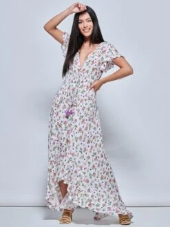Angel Sleeved High Low Holiday Maxi Dress, Pink Floral -DORIA Clothing Shop LQ 0A018 PinkFloral 5