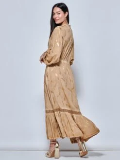 Long Sleeved Lace Trim Holiday Maxi Dress, Khaki Pattern -DORIA Clothing Shop LQ 0A019 KhakiPatern 2