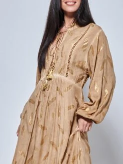 Long Sleeved Lace Trim Holiday Maxi Dress, Khaki Pattern -DORIA Clothing Shop LQ 0A019 KhakiPatern 3