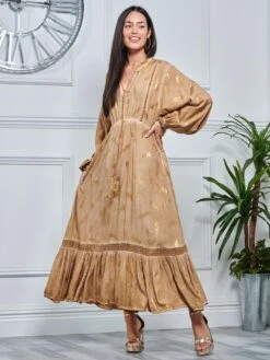 Long Sleeved Lace Trim Holiday Maxi Dress, Khaki Pattern -DORIA Clothing Shop LQ 0A019 KhakiPatern 4
