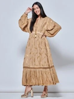 Long Sleeved Lace Trim Holiday Maxi Dress, Khaki Pattern -DORIA Clothing Shop LQ 0A019 KhakiPatern 5