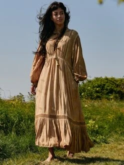 Long Sleeved Lace Trim Holiday Maxi Dress, Khaki Pattern -DORIA Clothing Shop LQ 0A019 KhakiPatern 6