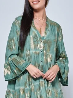 Printed Tiered Hem Holiday Midi Dress, Green Abstract -DORIA Clothing Shop LQ 0A020 GreenAbstract 3