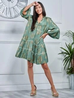 Printed Tiered Hem Holiday Midi Dress, Green Abstract -DORIA Clothing Shop LQ 0A020 GreenAbstract 4