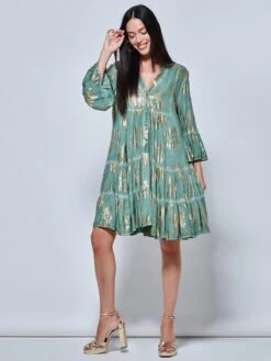 Printed Tiered Hem Holiday Midi Dress, Green Abstract -DORIA Clothing Shop LQ 0A020 GreenAbstract 5