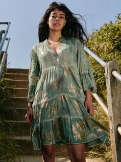 Printed Tiered Hem Holiday Midi Dress, Green Abstract -DORIA Clothing Shop LQ 0A020 GreenAbstract 6