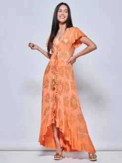 Angel Sleeve Button Front Holiday Maxi Dress, Orange Multi -DORIA Clothing Shop LQ 0A021 OrangeMulti 1