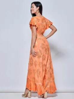 Angel Sleeve Button Front Holiday Maxi Dress, Orange Multi -DORIA Clothing Shop LQ 0A021 OrangeMulti 2