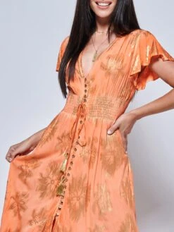 Angel Sleeve Button Front Holiday Maxi Dress, Orange Multi -DORIA Clothing Shop LQ 0A021 OrangeMulti 3