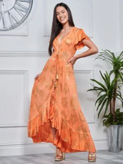 Angel Sleeve Button Front Holiday Maxi Dress, Orange Multi -DORIA Clothing Shop LQ 0A021 OrangeMulti 4