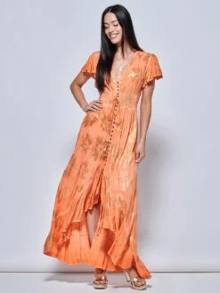 Angel Sleeve Button Front Holiday Maxi Dress, Orange Multi -DORIA Clothing Shop LQ 0A021 OrangeMulti 5