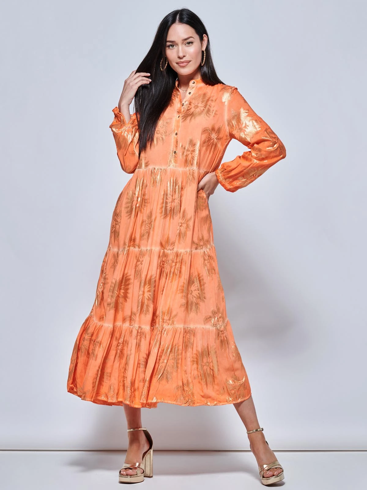 Loose Fit Tiered Holiday Maxi Shirt Dress, Orange Multi 1 Loose Fit Tiered Holiday Maxi Shirt Dress, Orange Multi