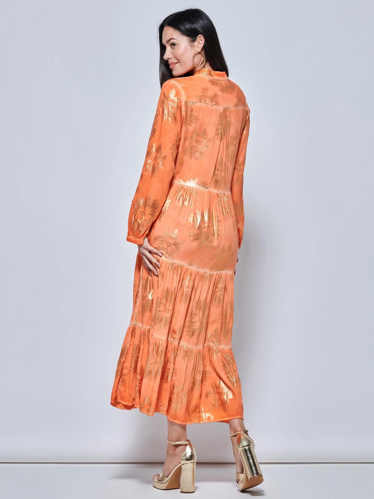 Loose Fit Tiered Holiday Maxi Shirt Dress, Orange Multi 2 Loose Fit Tiered Holiday Maxi Shirt Dress, Orange Multi - Image 2