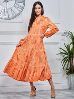 Loose Fit Tiered Holiday Maxi Shirt Dress, Orange Multi 9 Loose Fit Tiered Holiday Maxi Shirt Dress, Orange Multi -DORIA Clothing Shop LQ 0A022 OrangeMulti 4