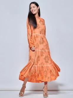 Loose Fit Tiered Holiday Maxi Shirt Dress, Orange Multi 11 Loose Fit Tiered Holiday Maxi Shirt Dress, Orange Multi -DORIA Clothing Shop LQ 0A022 OrangeMulti 5