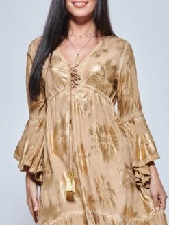 Crochet Trim Midi Holiday Dress, Khaki Pattern -DORIA Clothing Shop LQ 0A023 KhakiPatern 3