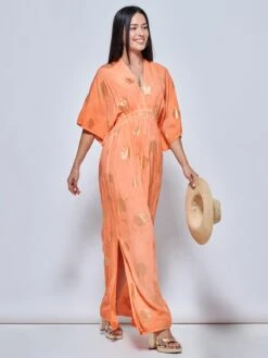 Printed Kimono Sleeve Holiday Maxi Dress, Orange Multi -DORIA Clothing Shop LQ 0A025 OrangeMulti 1