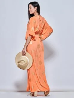 Printed Kimono Sleeve Holiday Maxi Dress, Orange Multi -DORIA Clothing Shop LQ 0A025 OrangeMulti 2