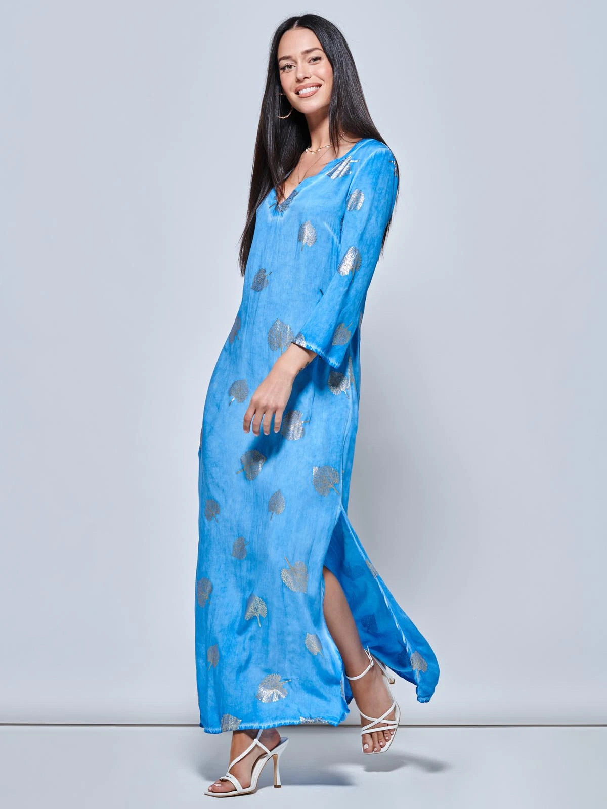 3/4 Sleeve Loose Fit Holiday Tunic Maxi Dress, Blue Pattern 6 3/4 Sleeve Loose Fit Holiday Tunic Maxi Dress, Blue Pattern - Image 6