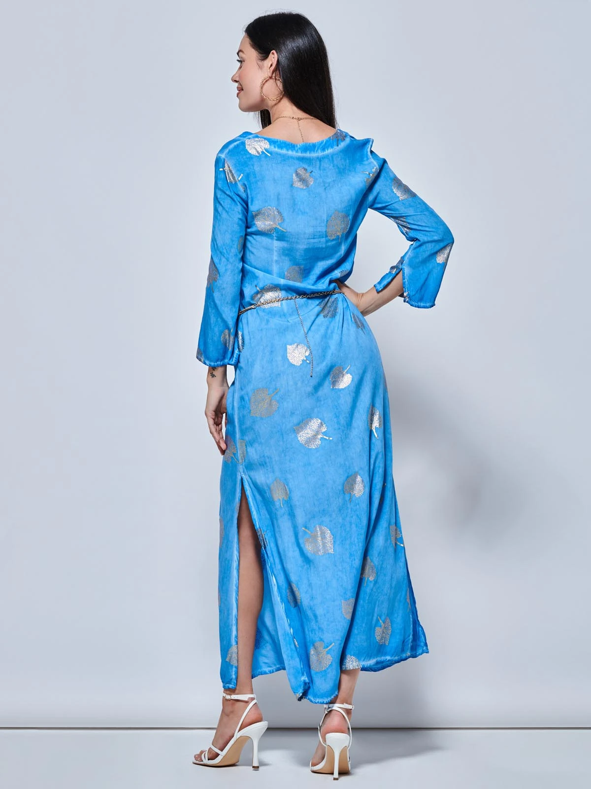 3/4 Sleeve Loose Fit Holiday Tunic Maxi Dress, Blue Pattern 2 3/4 Sleeve Loose Fit Holiday Tunic Maxi Dress, Blue Pattern - Image 2