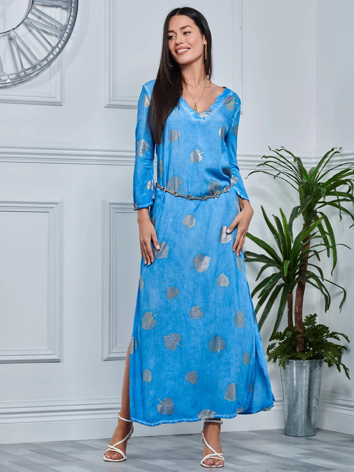 3/4 Sleeve Loose Fit Holiday Tunic Maxi Dress, Blue Pattern 5 3/4 Sleeve Loose Fit Holiday Tunic Maxi Dress, Blue Pattern - Image 5