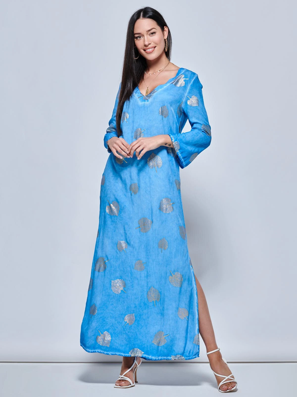 3/4 Sleeve Loose Fit Holiday Tunic Maxi Dress, Blue Pattern 1 3/4 Sleeve Loose Fit Holiday Tunic Maxi Dress, Blue Pattern