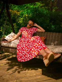 Marbouka Stand Collar Maxi Dress, Red Leafy -DORIA Clothing Shop LQ 2357RedLeafy 03