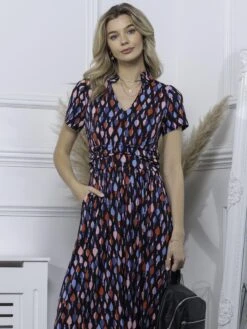 Marbouka Stand Neck Dress, Navy Multi -DORIA Clothing Shop LQ 2357 NavyMulti 3