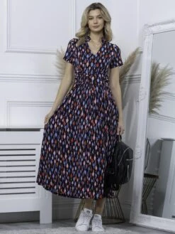 Marbouka Stand Neck Dress, Navy Multi -DORIA Clothing Shop LQ 2357 NavyMulti 5