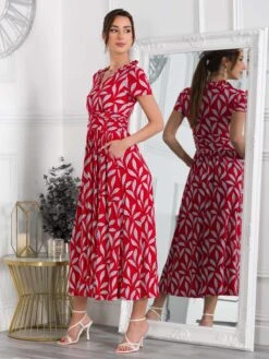 Marbouka Stand Collar Maxi Dress, Red Leafy -DORIA Clothing Shop LQ 2357 RedLeafy 2
