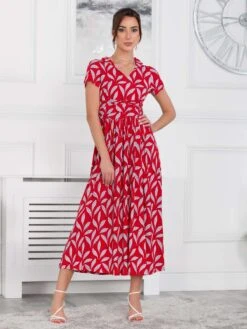 Marbouka Stand Collar Maxi Dress, Red Leafy