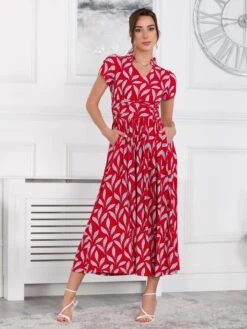 Marbouka Stand Collar Maxi Dress, Red Leafy -DORIA Clothing Shop LQ 2357 RedLeafy 4