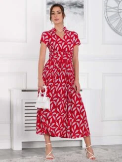 Marbouka Stand Collar Maxi Dress, Red Leafy -DORIA Clothing Shop LQ 2357 RedLeafy 5