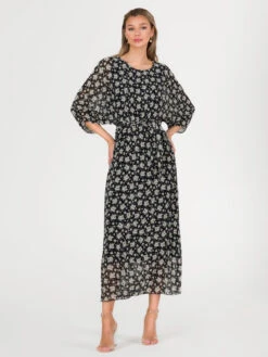 Chiffon Pleated Batwing Sleeve Maxi Dress, Black Floral -DORIA Clothing Shop LSF 0106 BlackFloral 1