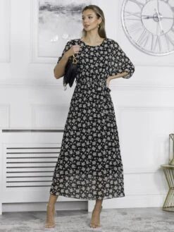 Chiffon Pleated Batwing Sleeve Maxi Dress, Black Floral -DORIA Clothing Shop LSF 0106 BlackFloral 3