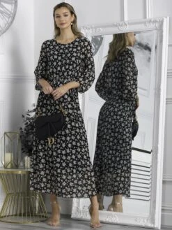 Chiffon Pleated Batwing Sleeve Maxi Dress, Black Floral -DORIA Clothing Shop LSF 0106 BlackFloral 6