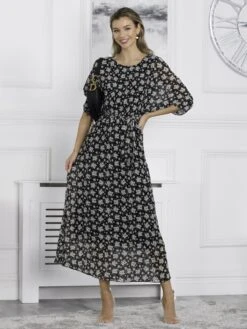 Chiffon Pleated Batwing Sleeve Maxi Dress, Black Floral