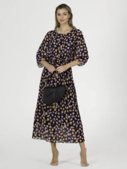 Chiffon Pleated Batwing Sleeve Maxi Dress, Navy Floral 12 Chiffon Pleated Batwing Sleeve Maxi Dress, Navy Floral -DORIA Clothing Shop LSF 0106 NavyFloral 1