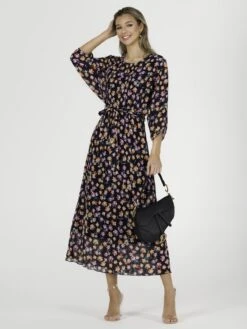 Chiffon Pleated Batwing Sleeve Maxi Dress, Navy Floral 10 Chiffon Pleated Batwing Sleeve Maxi Dress, Navy Floral -DORIA Clothing Shop LSF 0106 NavyFloral 2