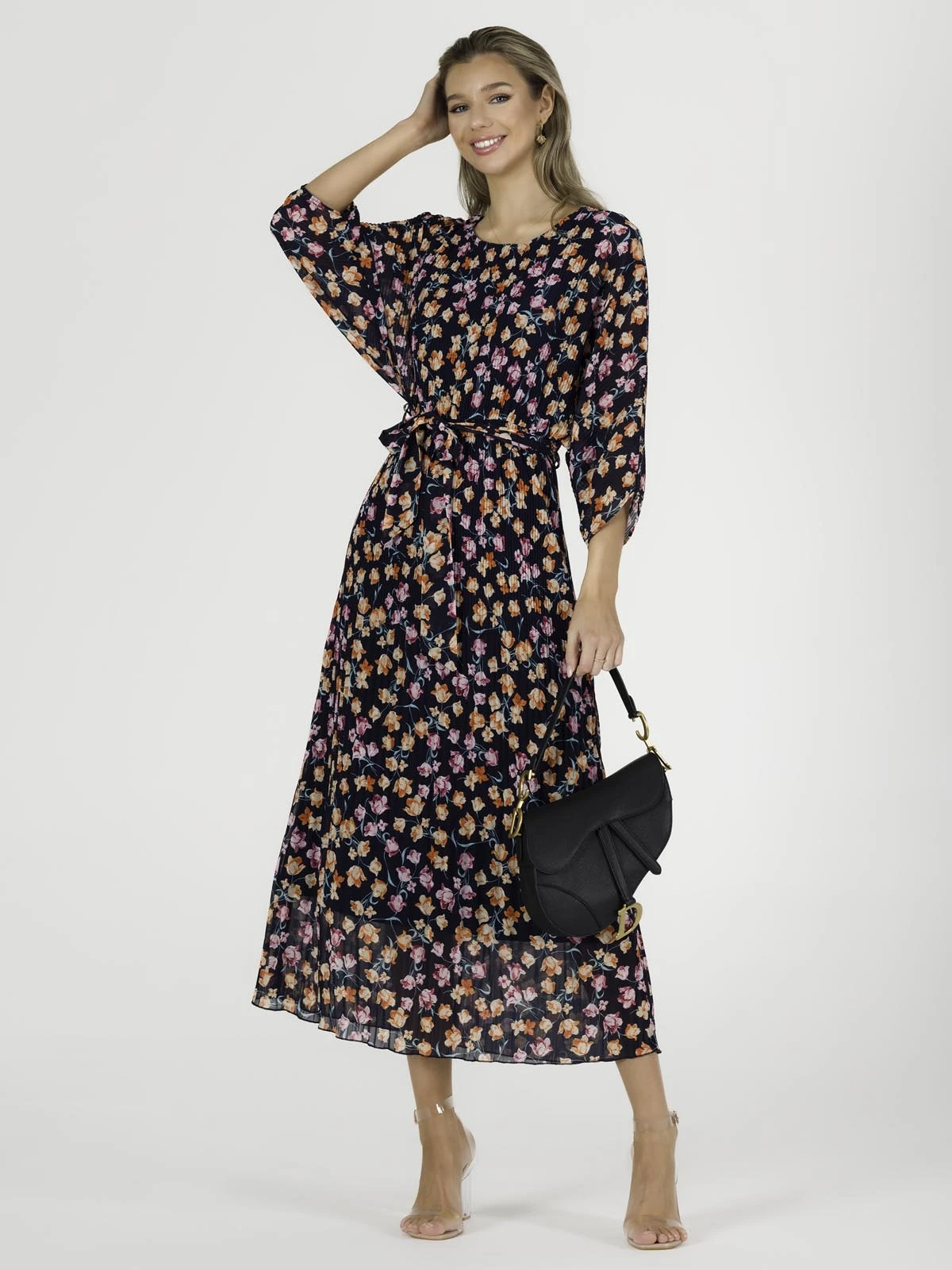 Chiffon Pleated Batwing Sleeve Maxi Dress, Navy Floral 4 Chiffon Pleated Batwing Sleeve Maxi Dress, Navy Floral - Image 4