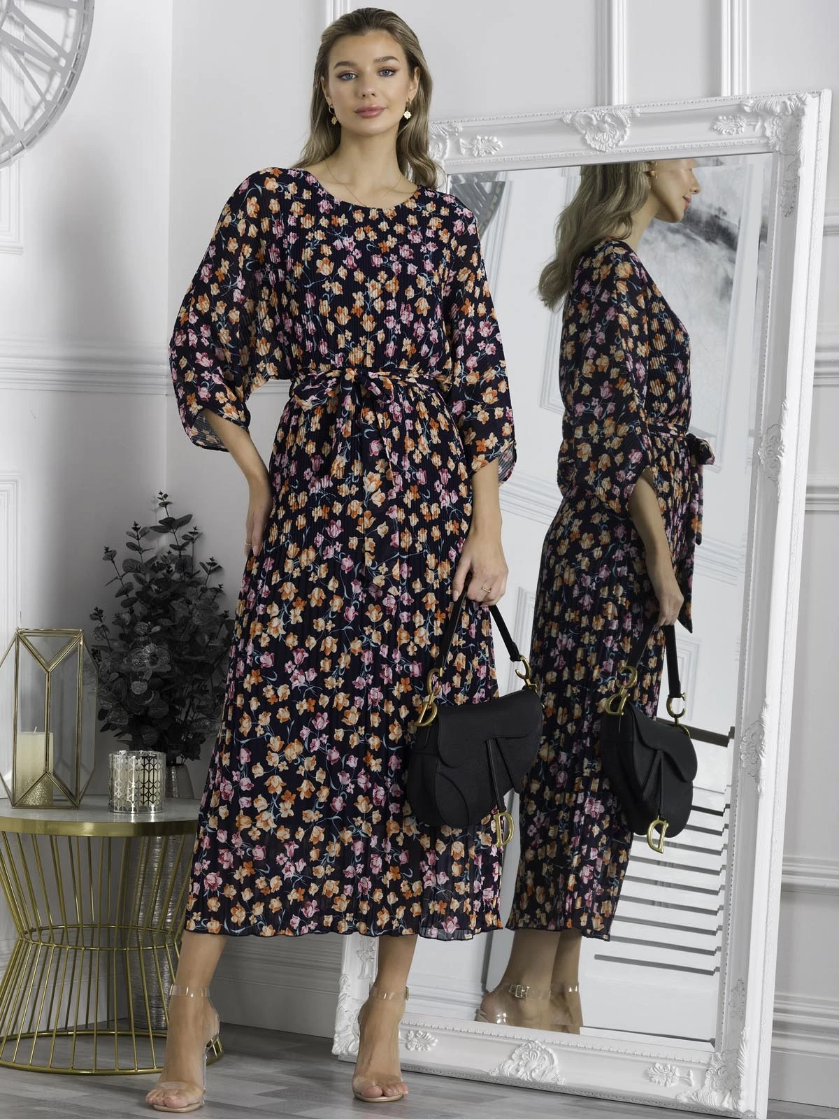 Chiffon Pleated Batwing Sleeve Maxi Dress, Navy Floral 5 Chiffon Pleated Batwing Sleeve Maxi Dress, Navy Floral - Image 5
